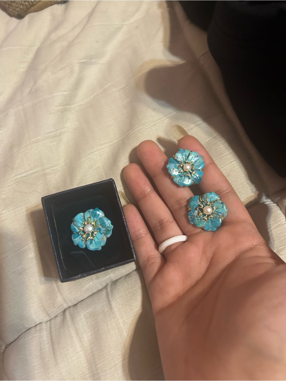 Turquoise Floral Pearl Accent Earrings and Ring Set - Women Jewelry from stauer